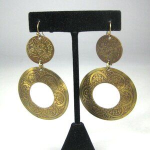 Earring Pierced 3 in Jewelry Dangle Brasstone Hammered Texture Boho Statement